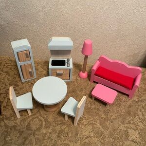 Wooden Dollhouse Furniture Set with Pink and Blue Accents Kids Kraft